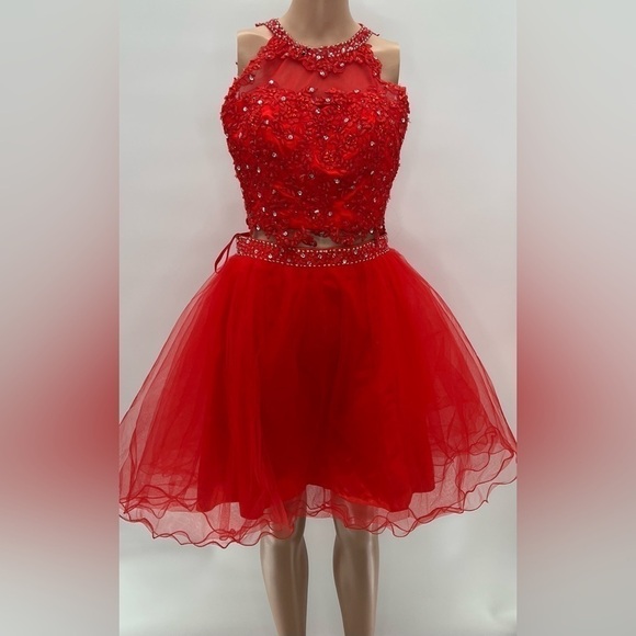 A-line High Neck Tulle Short/Mini Sequins Short Prom Dresses - Picture 3 of 14